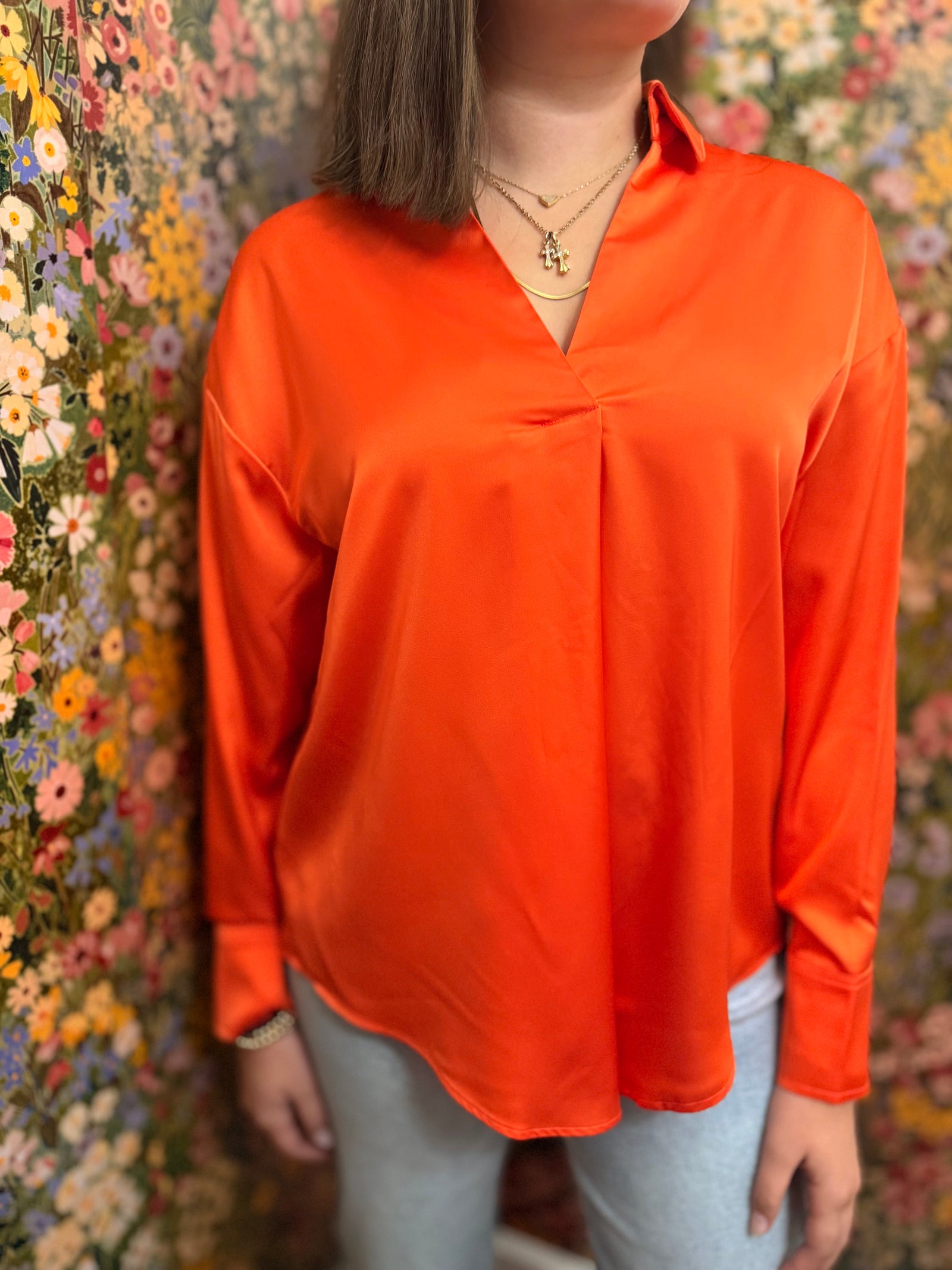 Orange V-Neck Satin Blouse