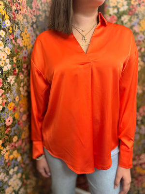Orange V-Neck Satin Blouse