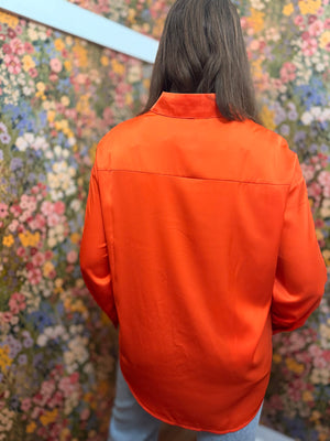 Orange V-Neck Satin Blouse