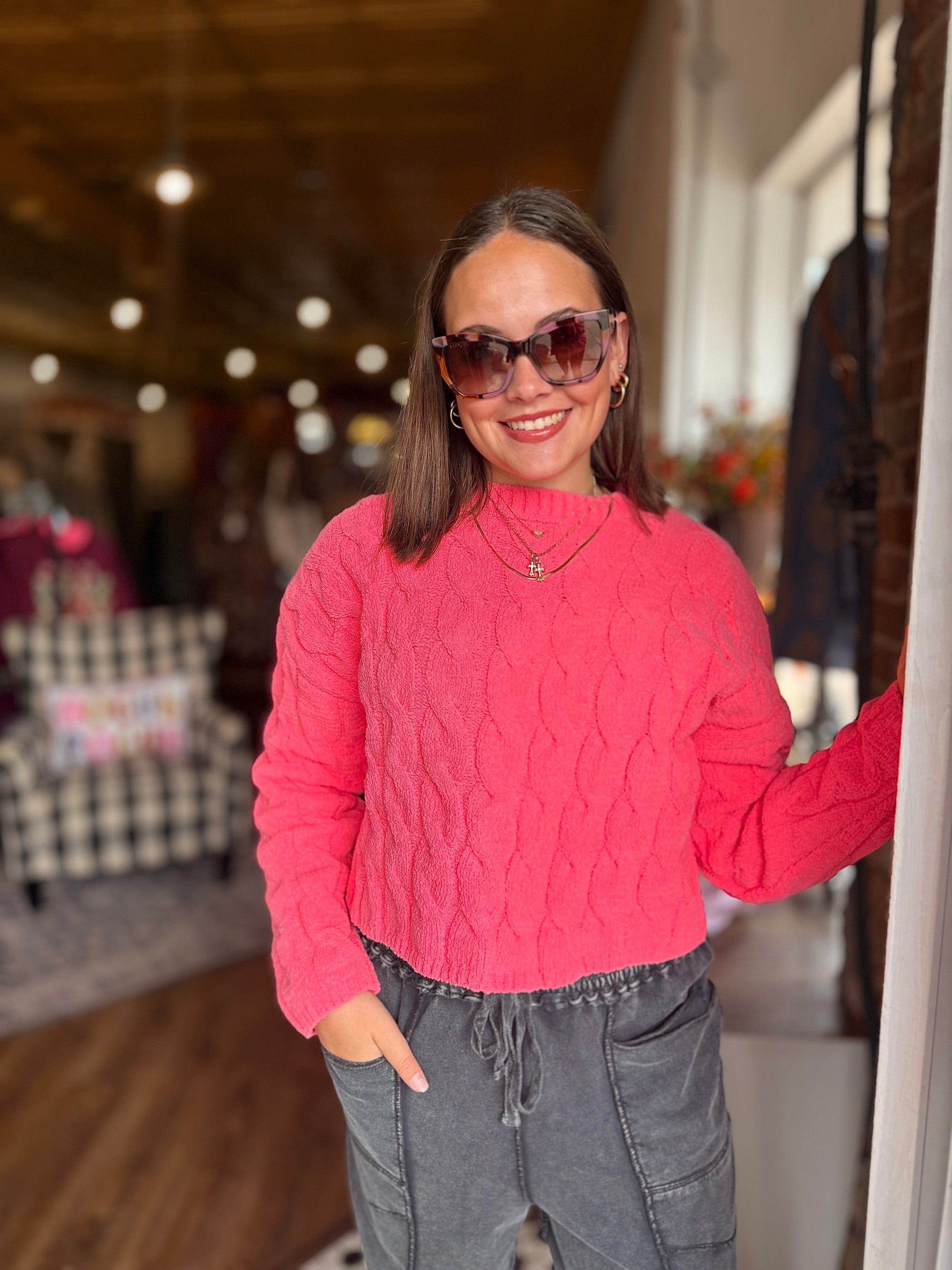 Taffy Pink Ribbed Texture Crewneck Sweater
