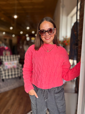 Taffy Pink Ribbed Texture Crewneck Sweater