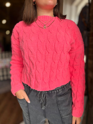 Taffy Pink Ribbed Texture Crewneck Sweater