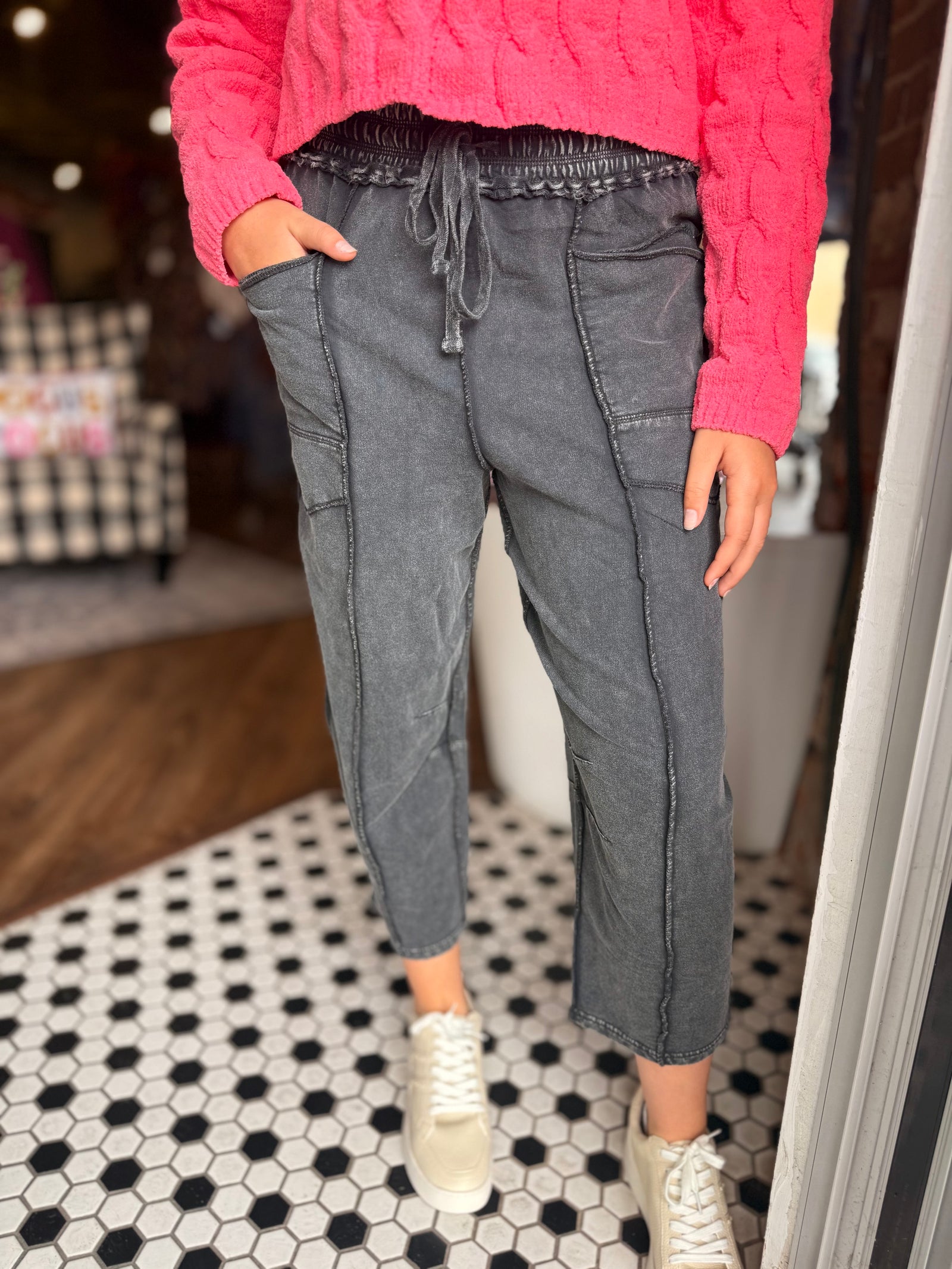 Easel Black Mineral Wash Terry Knit Barrel Pants