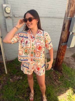 Sage + Fig Tropical Tile Button Up Top