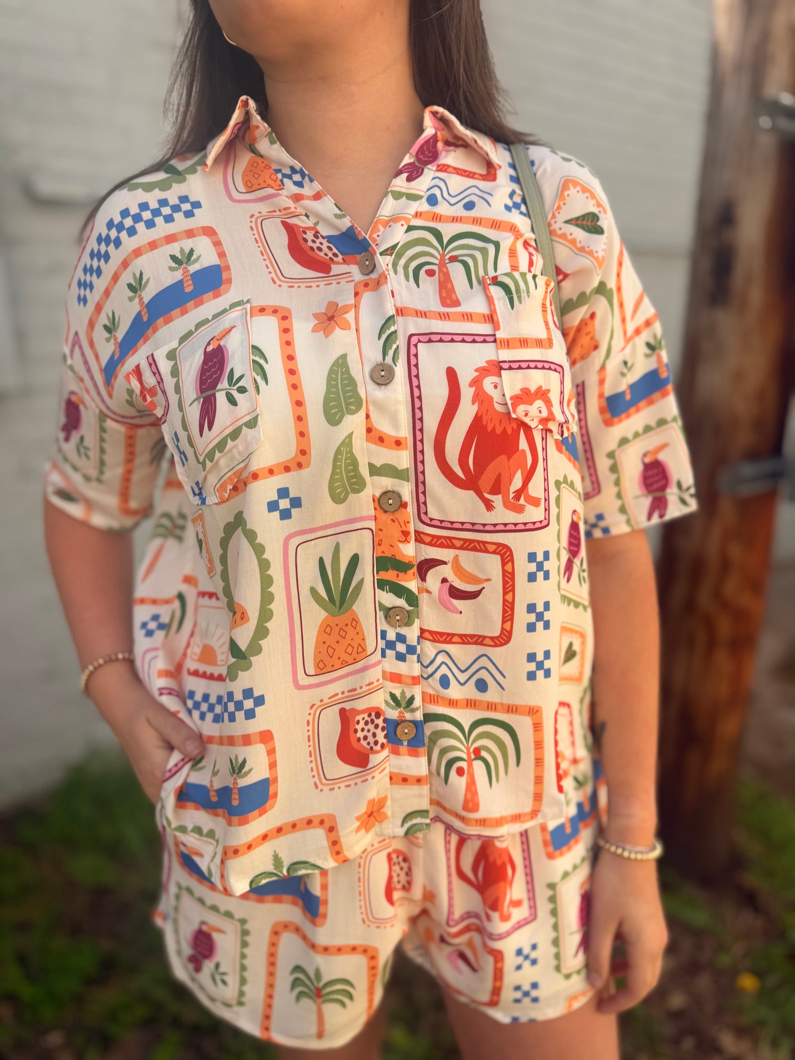 Sage + Fig Tropical Tile Button Up Top