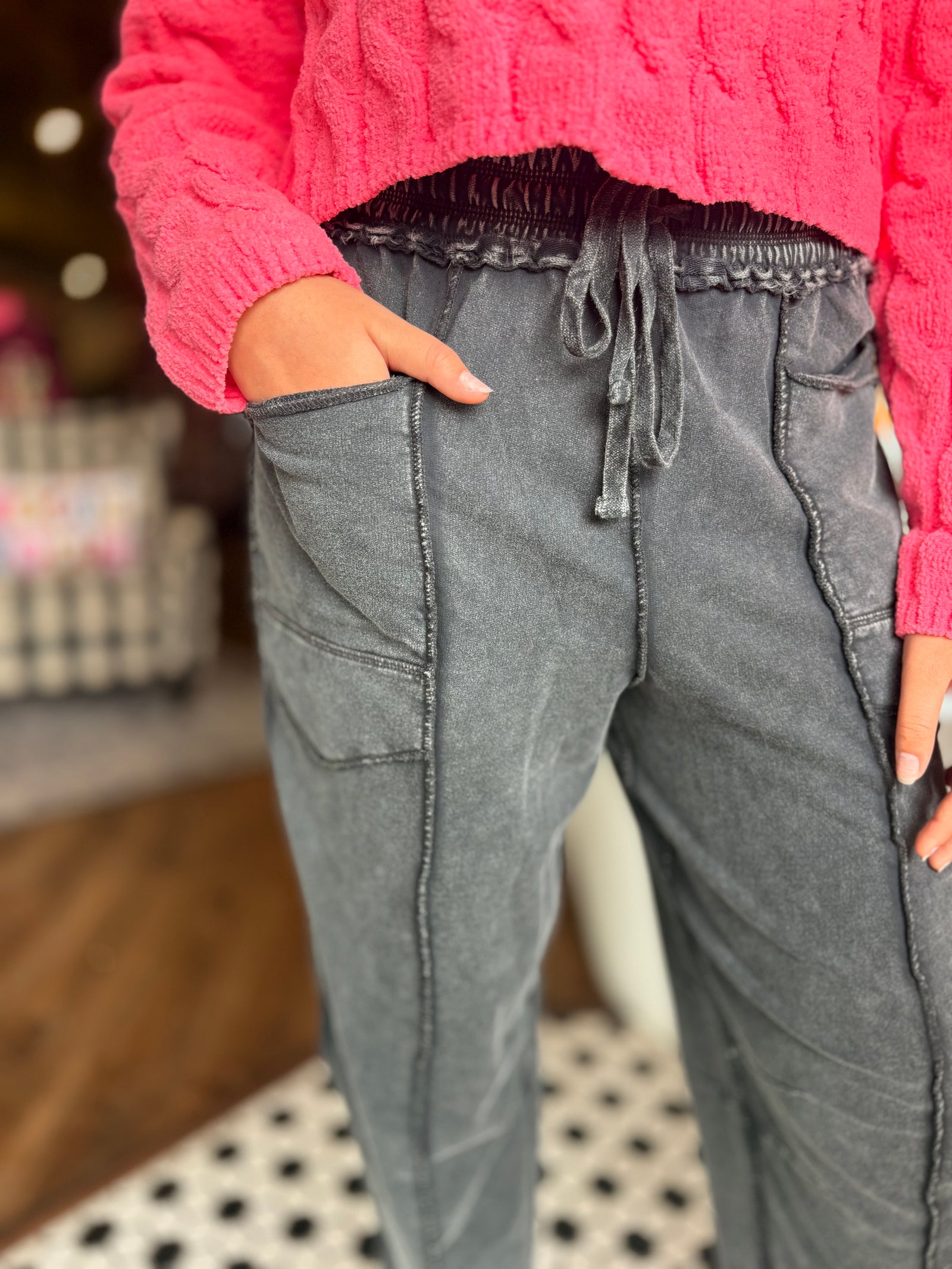 Easel Black Mineral Wash Terry Knit Barrel Pants