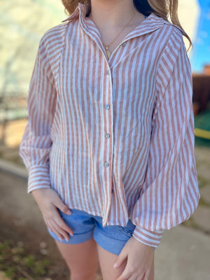 Rose Long Sleeve Striped Button Down Shirt