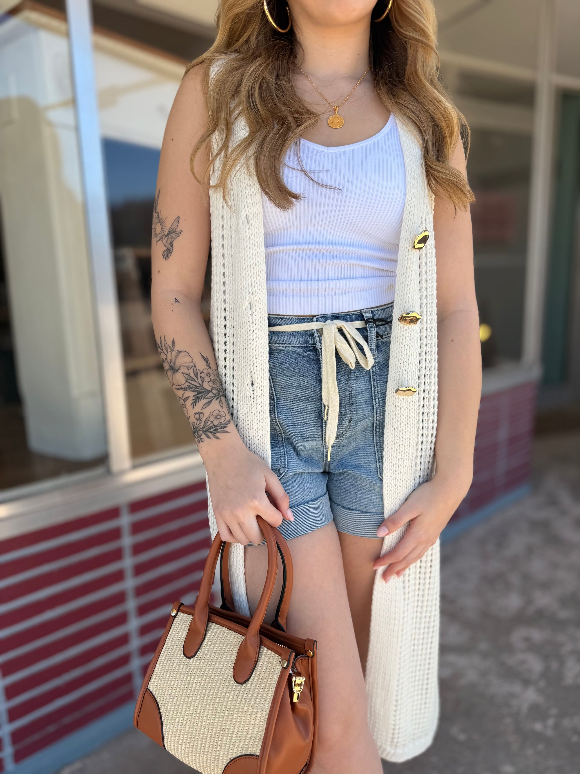 Cream Crochet Long Line Vest w/ Gold Metal Buttons