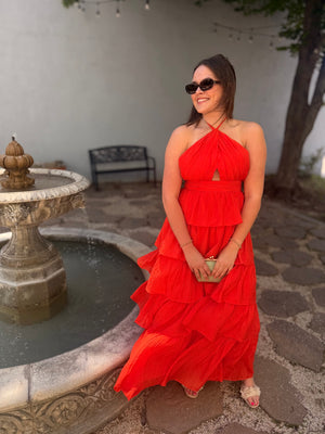 Olivaceous Orange Ruffled Maxi Dress