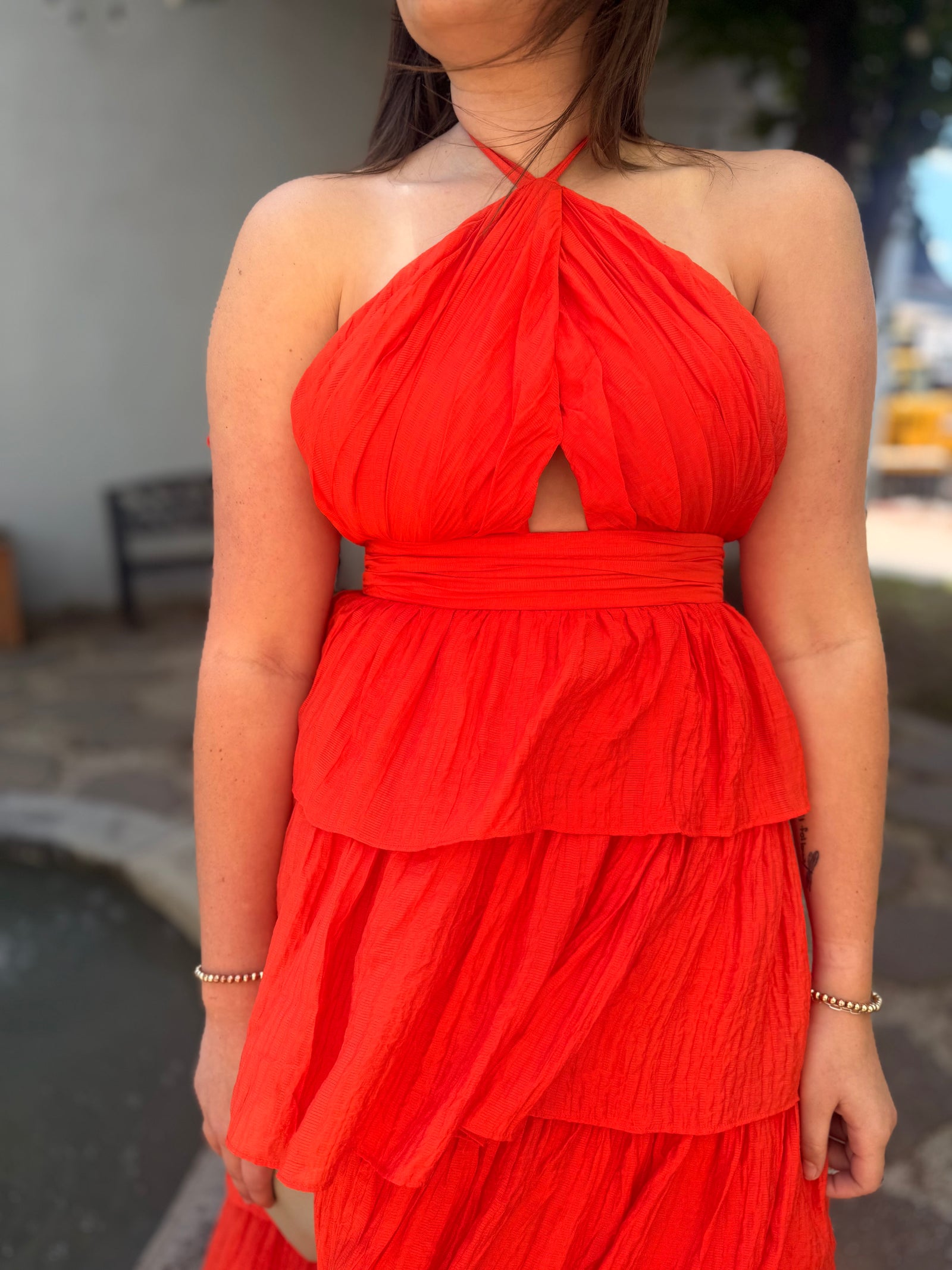 Olivaceous Orange Ruffled Maxi Dress
