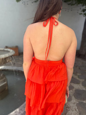 Olivaceous Orange Ruffled Maxi Dress