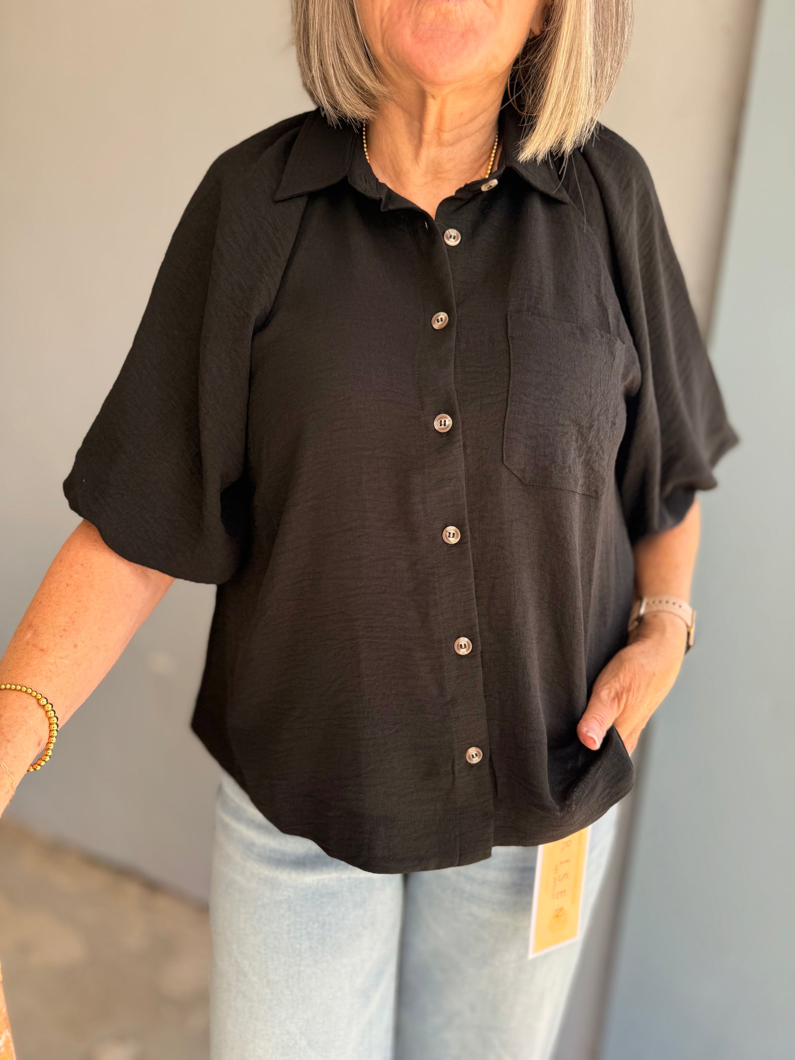 Black Short Bubble Sleeve Button Front Top