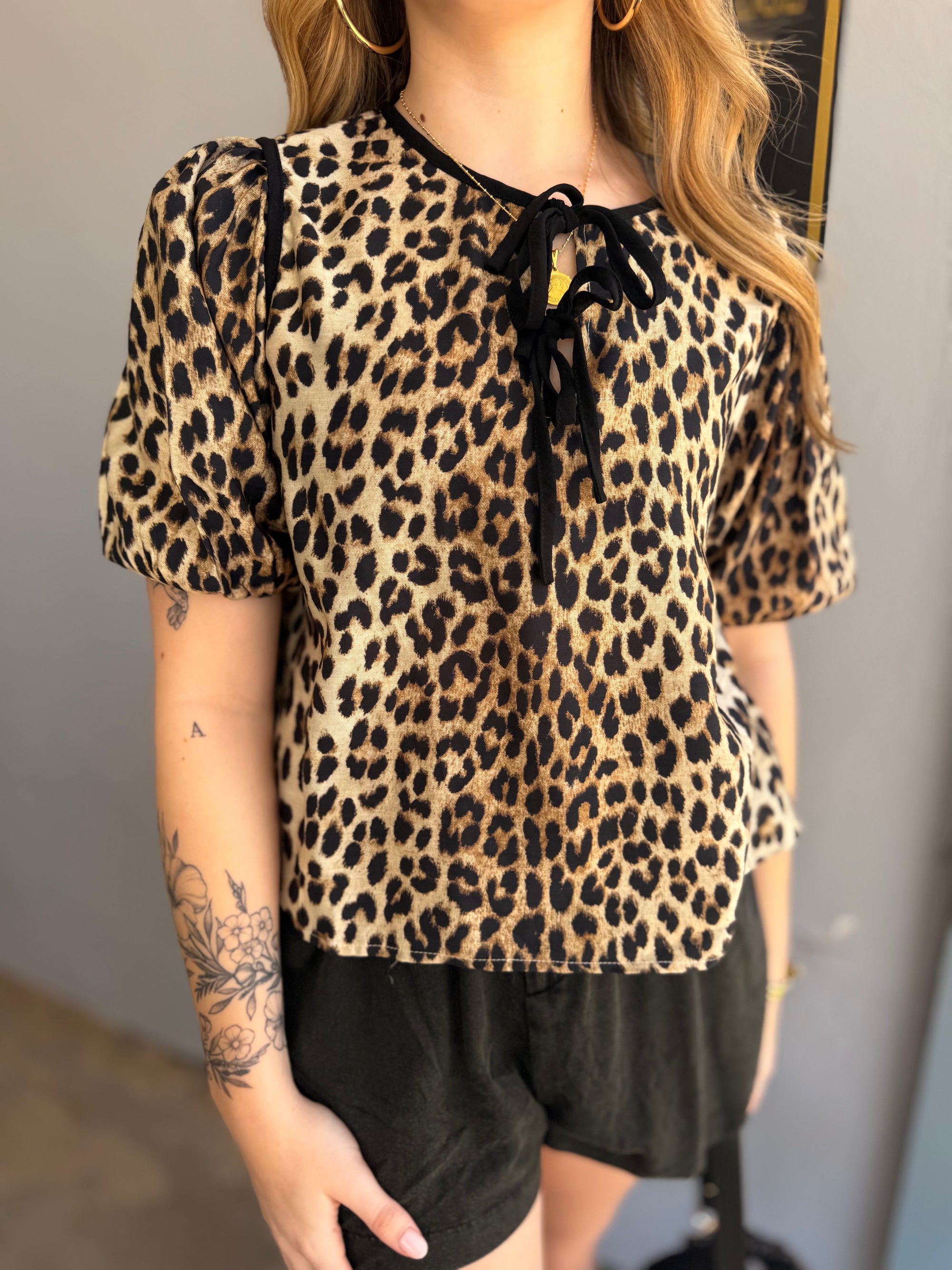 Leopard Puff Sleeve Woven Top w/ Bow Detail