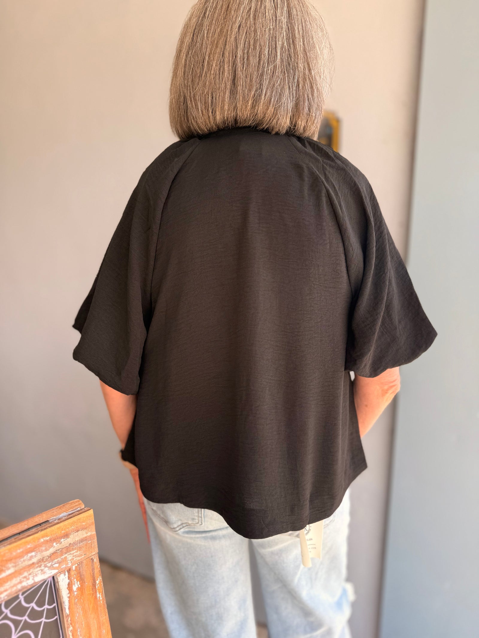 Black Short Bubble Sleeve Button Front Top