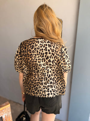 Leopard Puff Sleeve Woven Top w/ Bow Detail