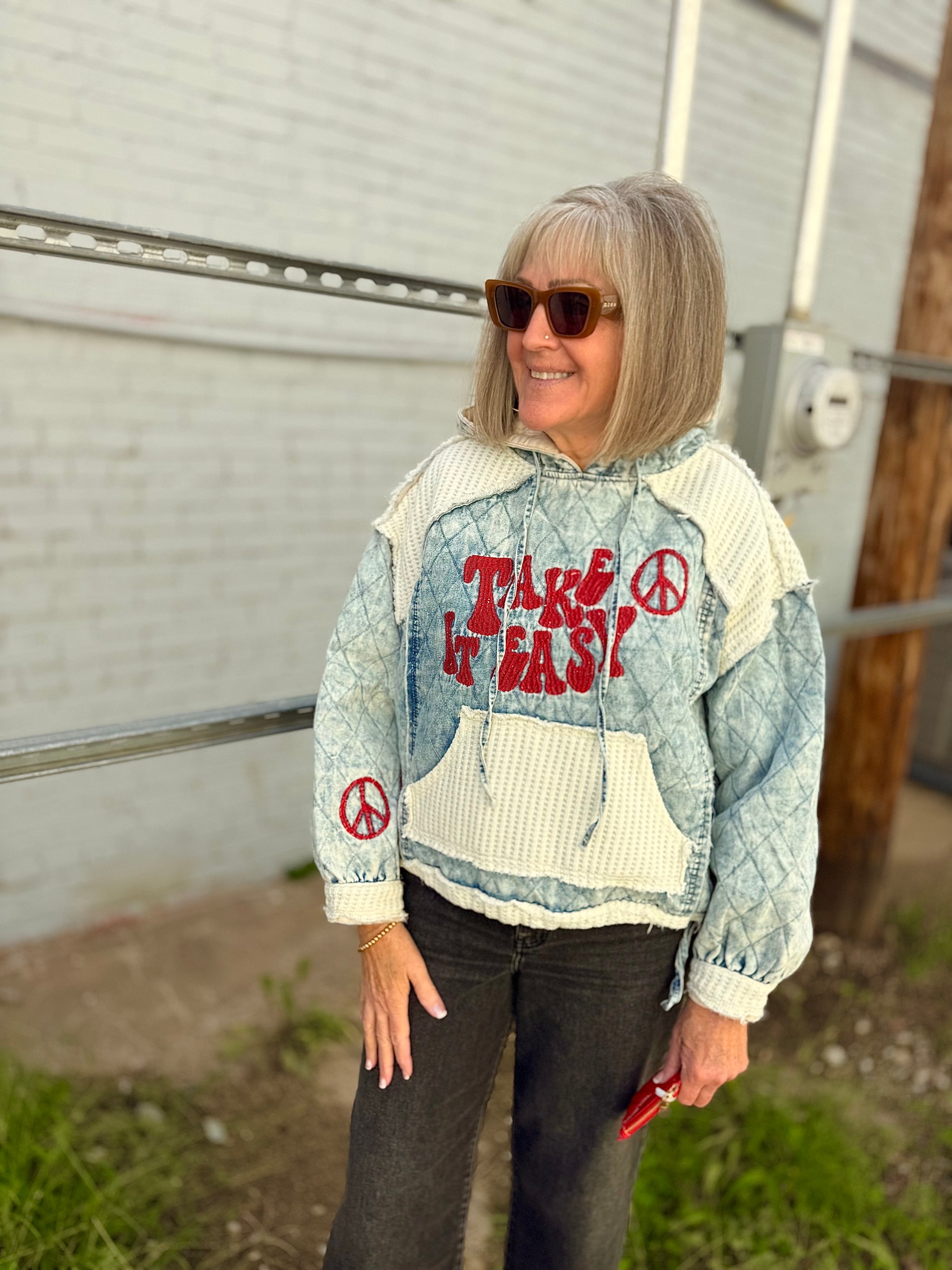Pol Take It Easy Denim Quilted Hoodie Top