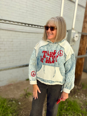 Pol Take It Easy Denim Quilted Hoodie Top