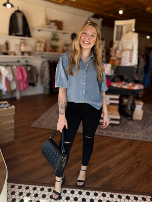 Light Blue Chambray Button Down Shirt w/ Puff Sleeve