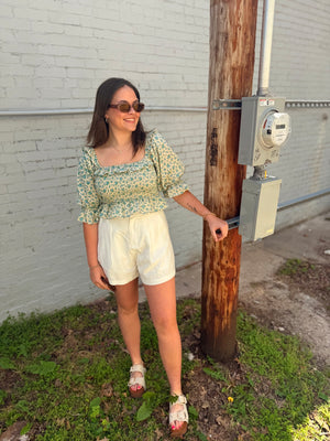 Olivaceous Blue Floral Linen Smocked Top