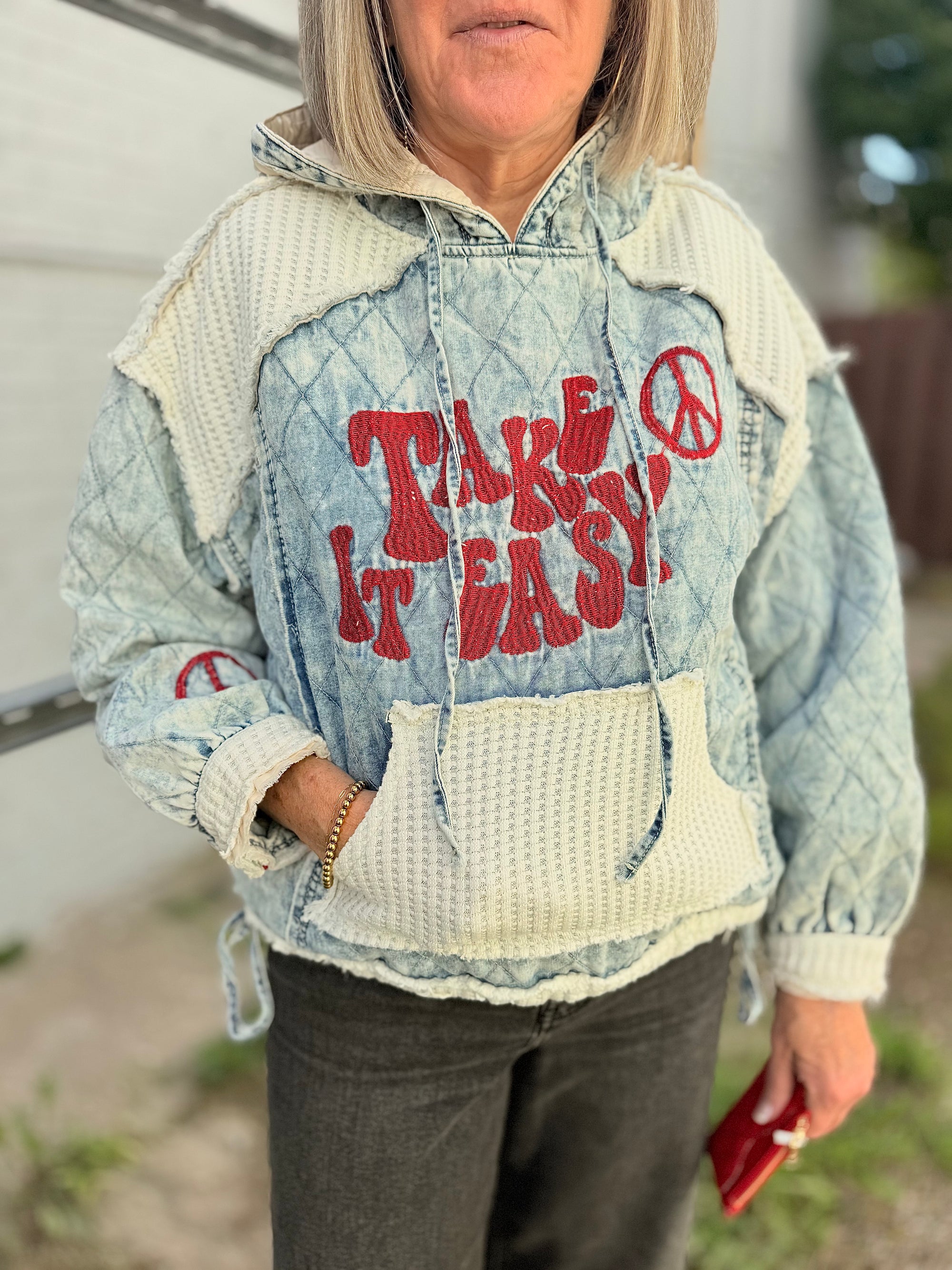 Pol Take It Easy Denim Quilted Hoodie Top