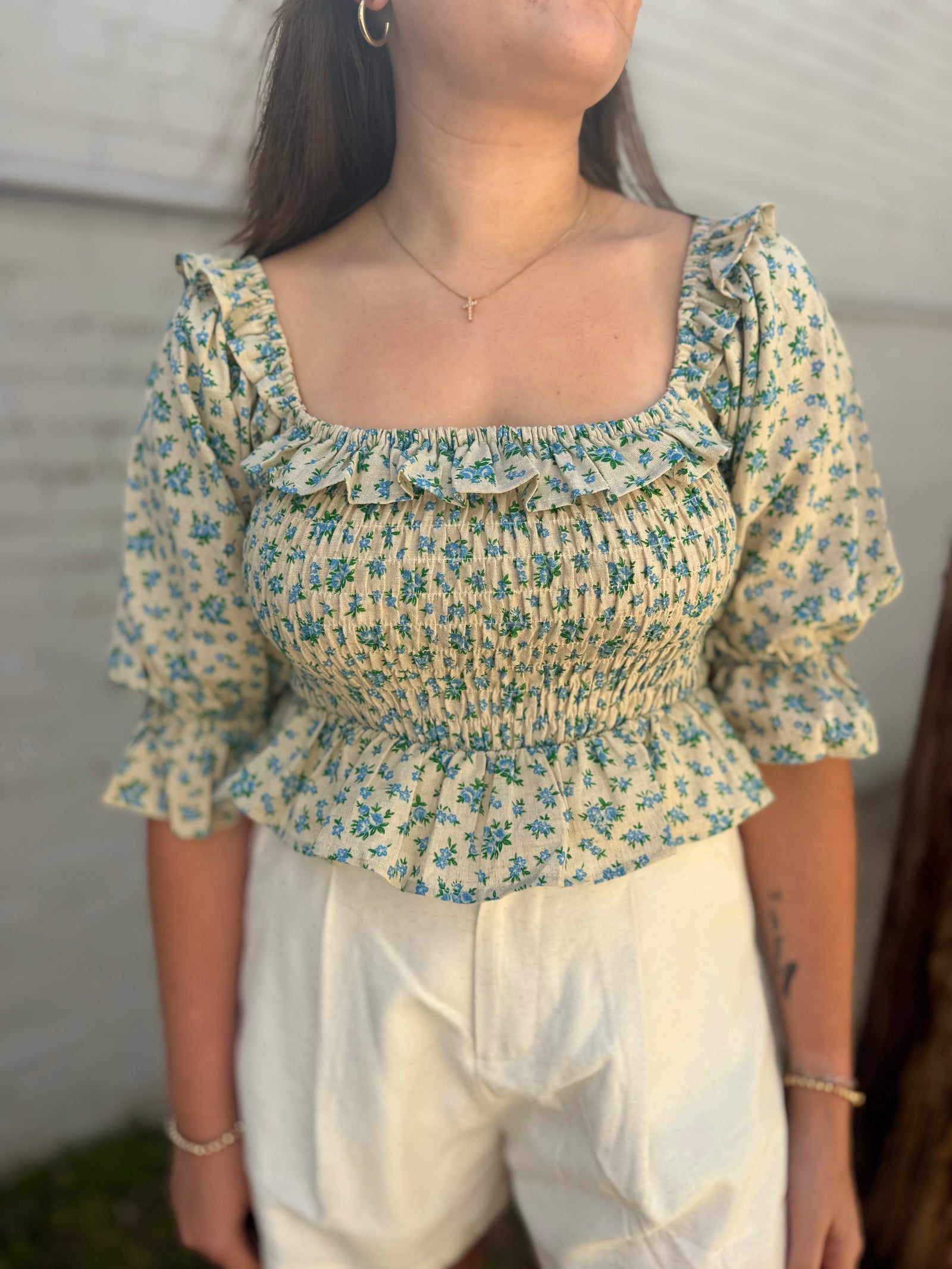 Olivaceous Blue Floral Linen Smocked Top