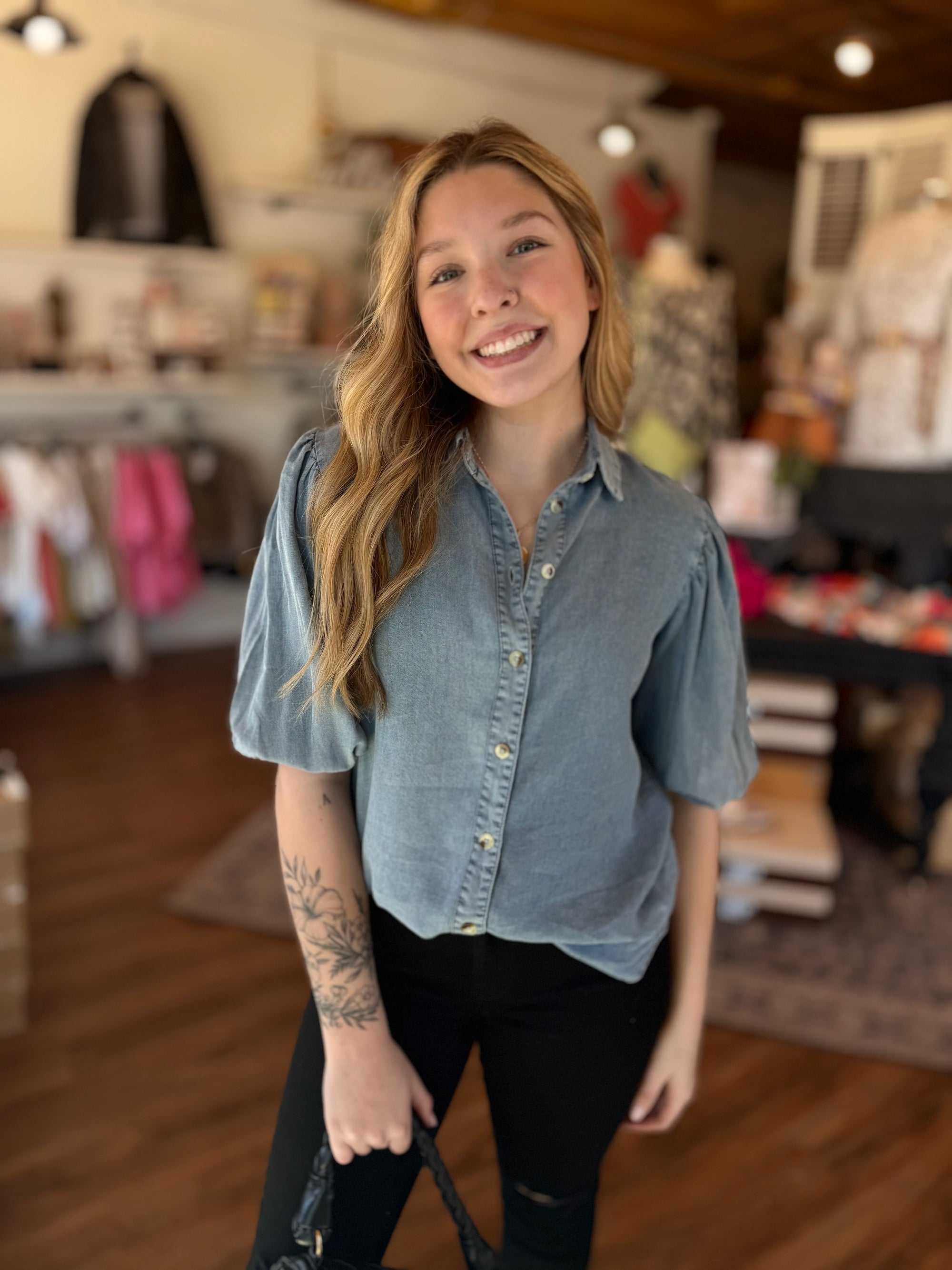 Light Blue Chambray Button Down Shirt w/ Puff Sleeve