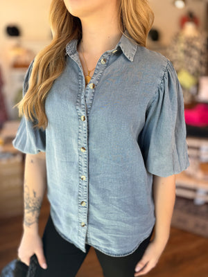 Light Blue Chambray Button Down Shirt w/ Puff Sleeve