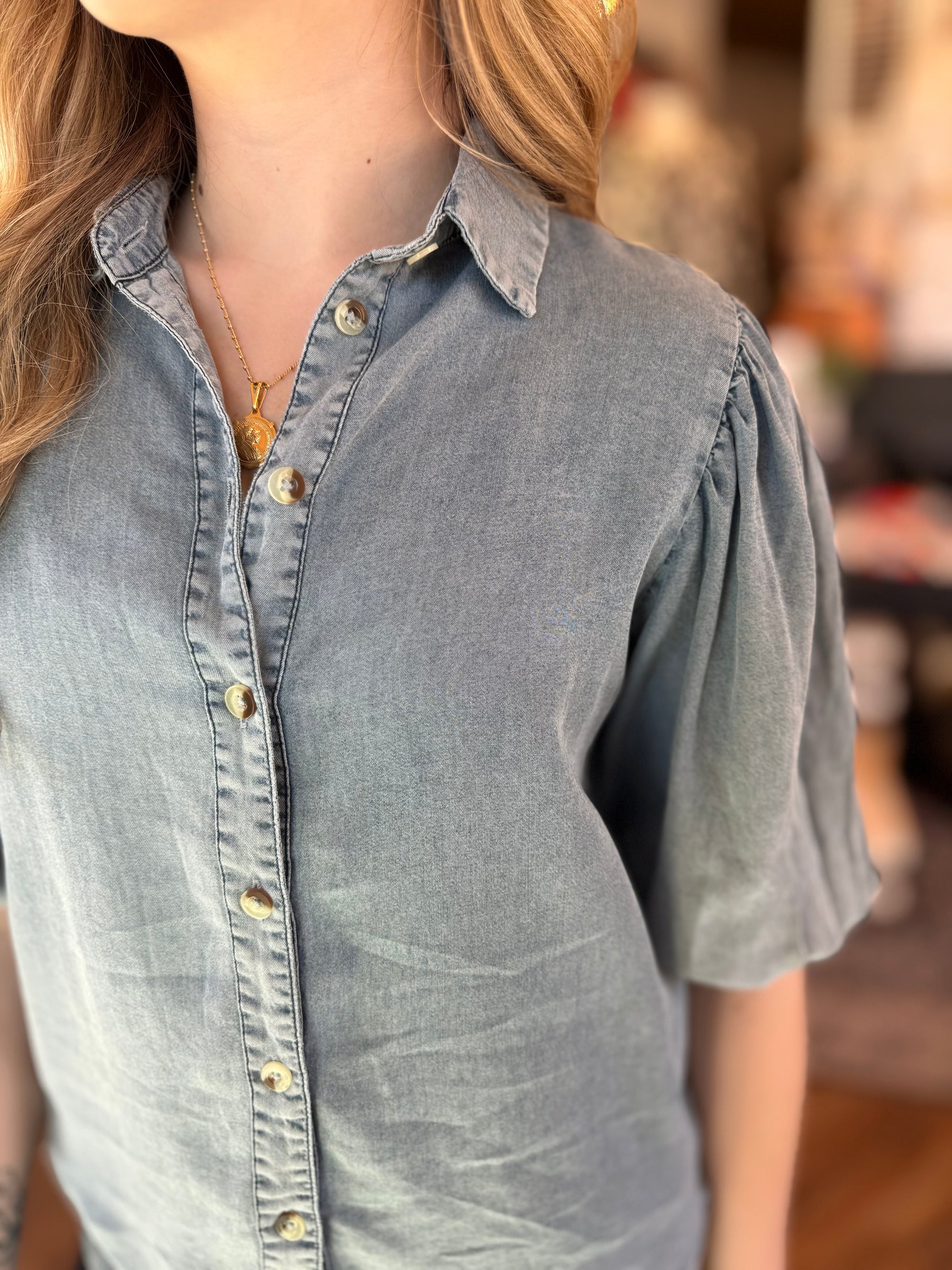 Light Blue Chambray Button Down Shirt w/ Puff Sleeve