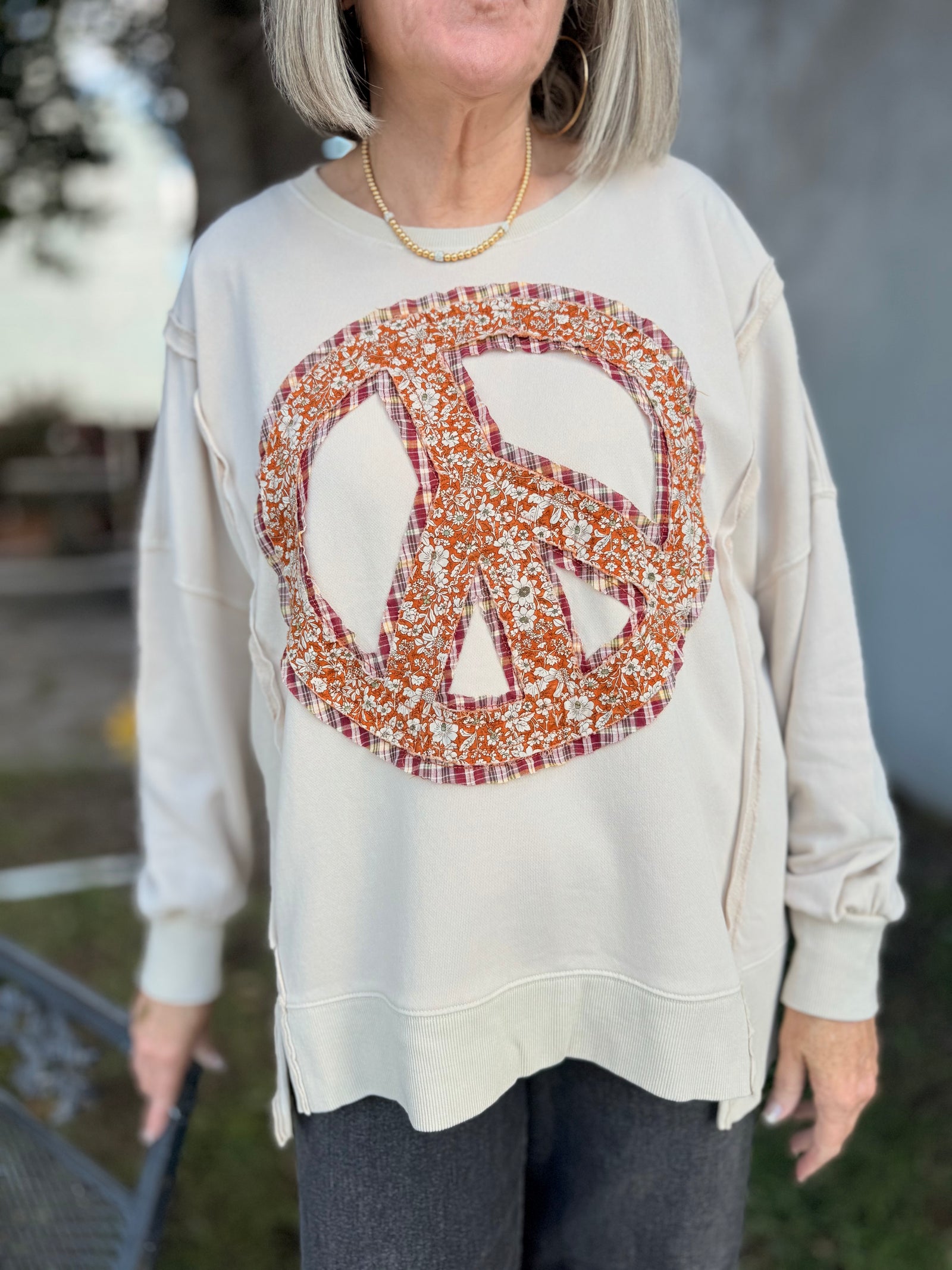 Bone Patchwork Floral Peace Sign Sweatshirt