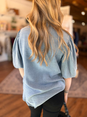 Light Blue Chambray Button Down Shirt w/ Puff Sleeve