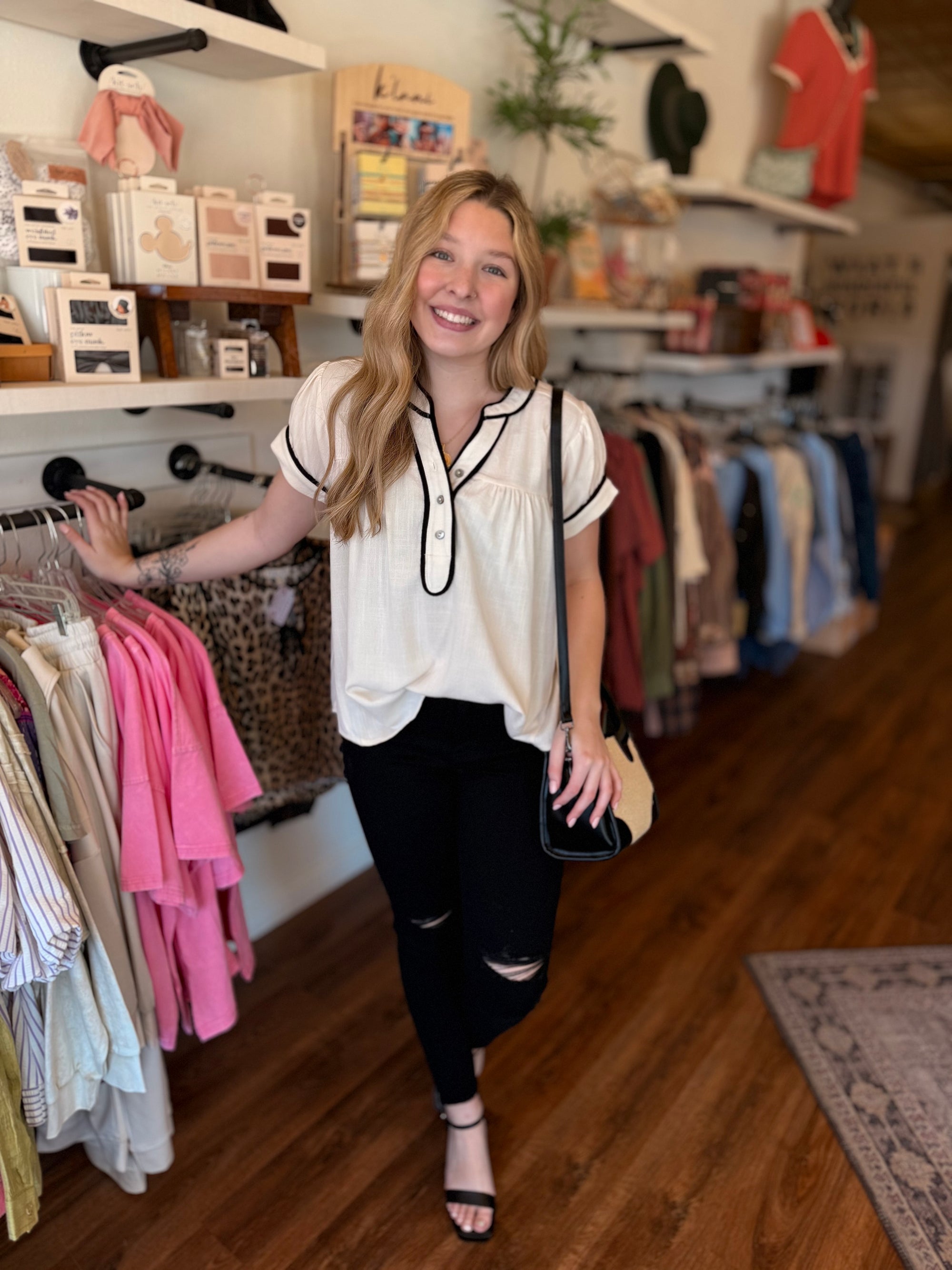 Cream Short Sleeve Top w/ Black Braided Detail