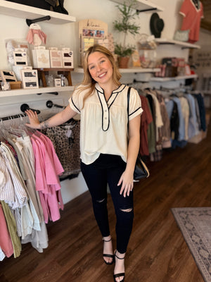 Cream Short Sleeve Top w/ Black Braided Detail