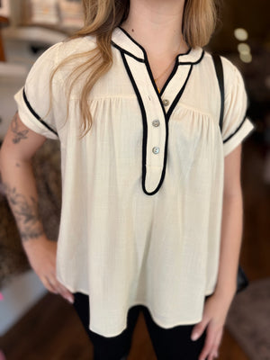 Cream Short Sleeve Top w/ Black Braided Detail