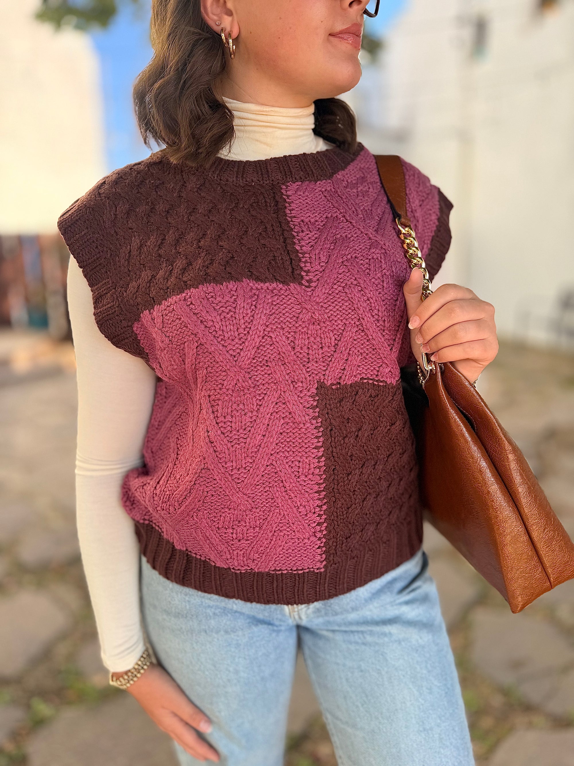 Pink + Brown Color Block Knit Sweater Vest