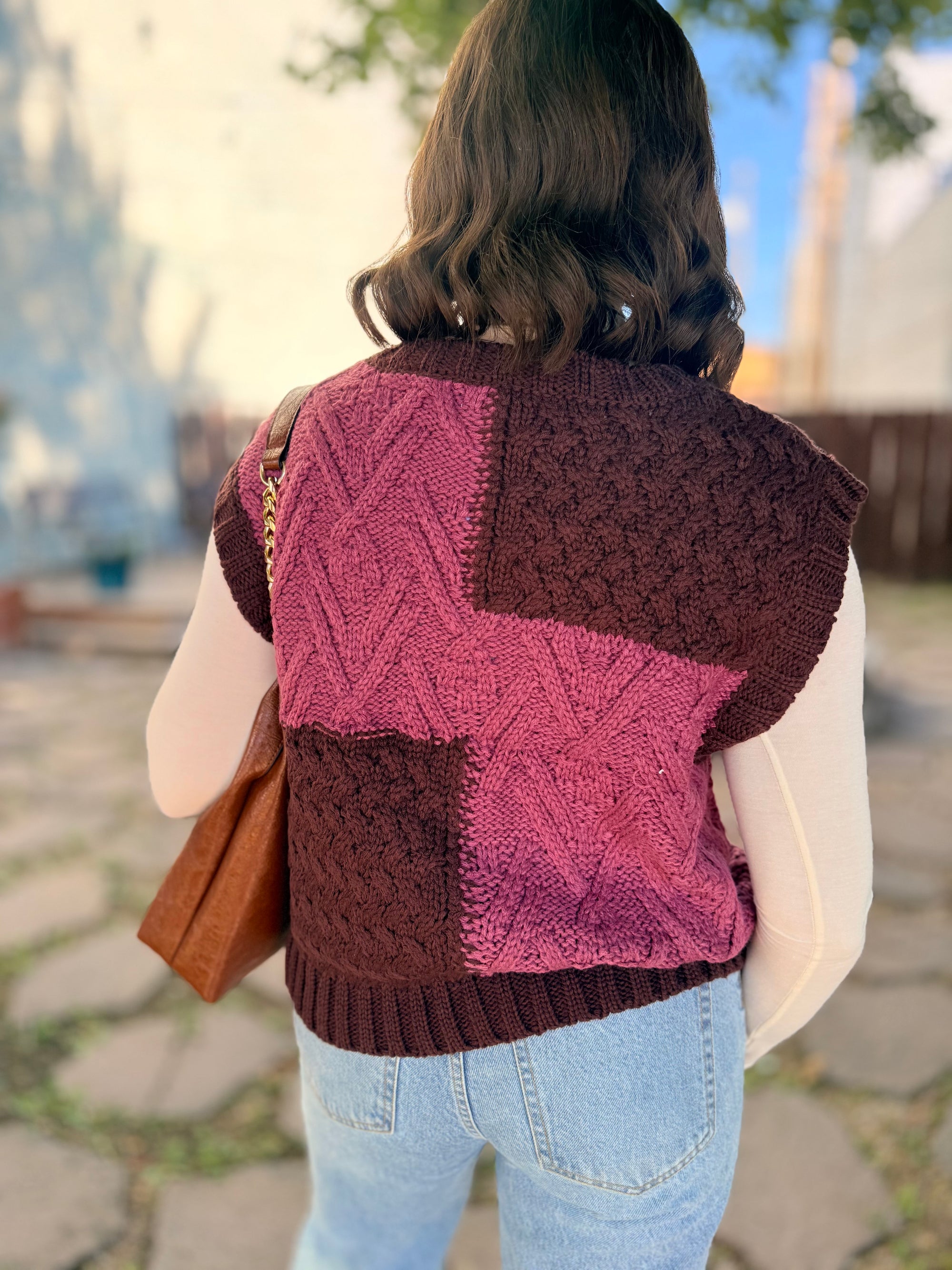 Pink + Brown Color Block Knit Sweater Vest