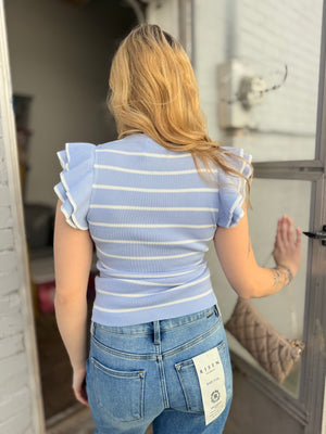 Periwinkle Striped Short Ruffled Sleeve Top