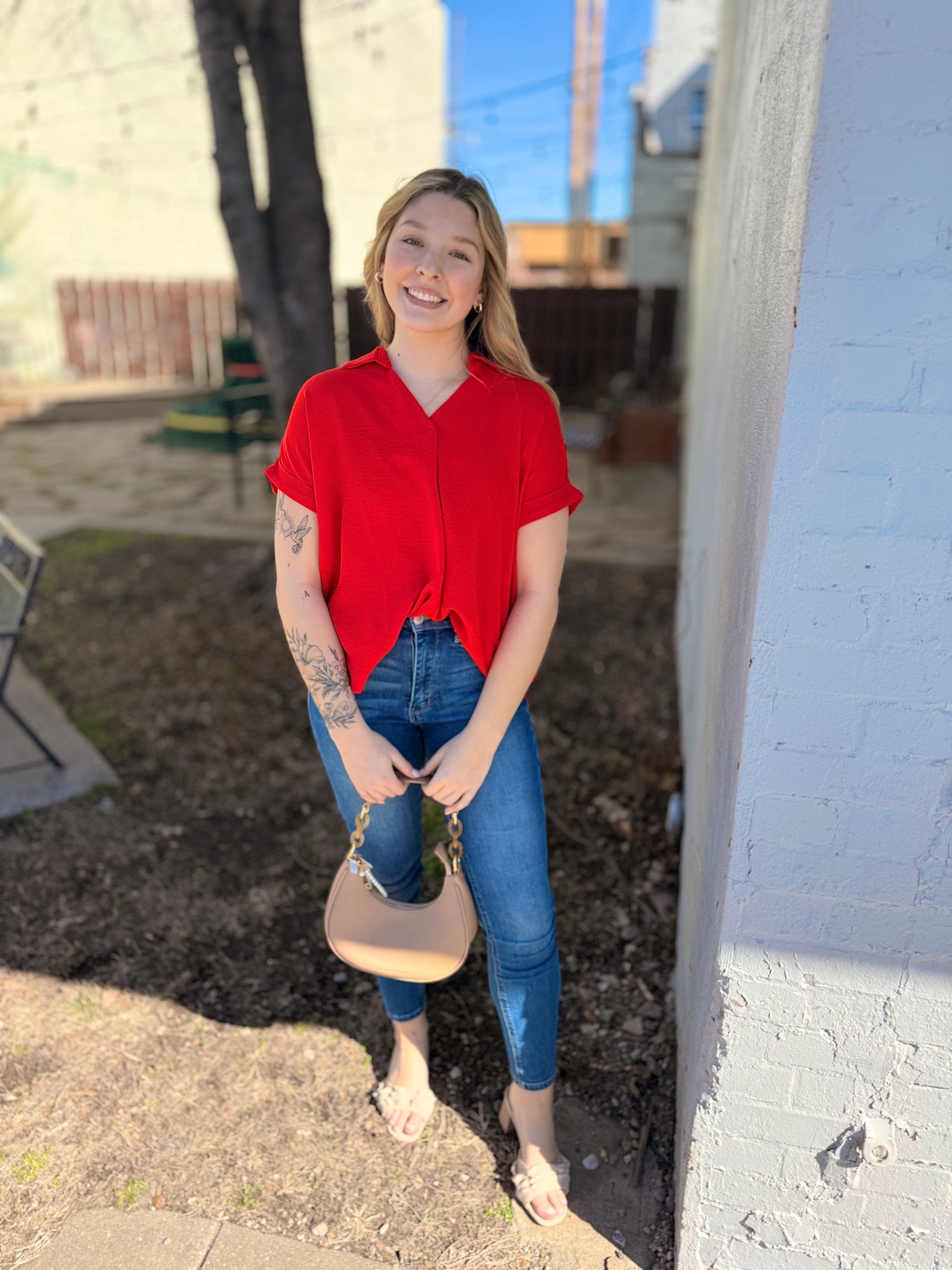 Red Drop Shoulder Collared Woven Top