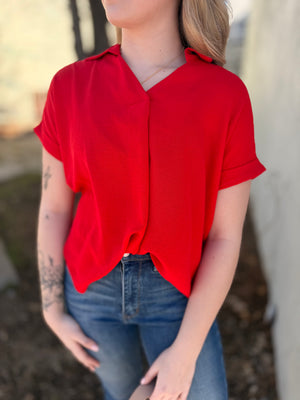 Red Drop Shoulder Collared Woven Top