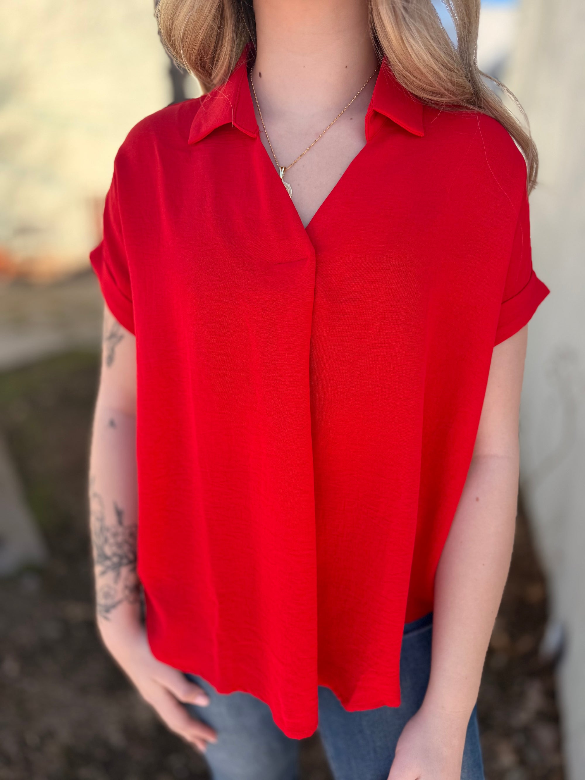 Red Drop Shoulder Collared Woven Top