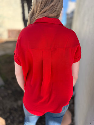 Red Drop Shoulder Collared Woven Top