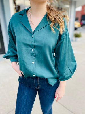 Satin Button Up Blouse - H. Green
