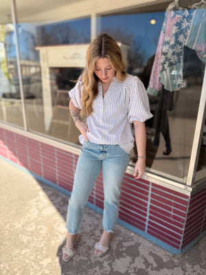 Lilac Striped Bubble Sleeve Woven Top