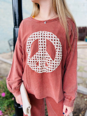 Brown Peace Applique Mineral Wash Long Sleeve Top