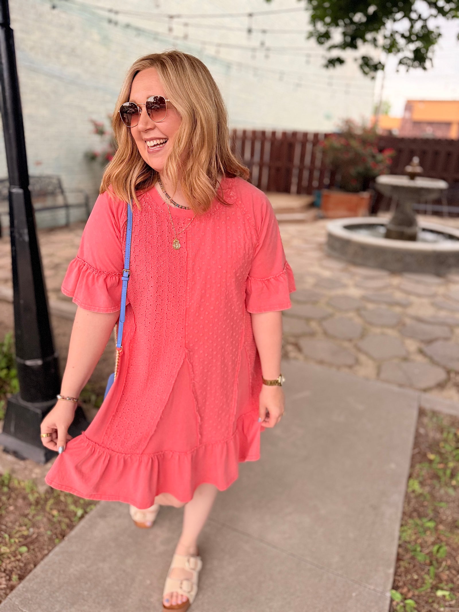 Easel Coral Mineral Wash Mini Dress w/ Eyelet Lace Detail