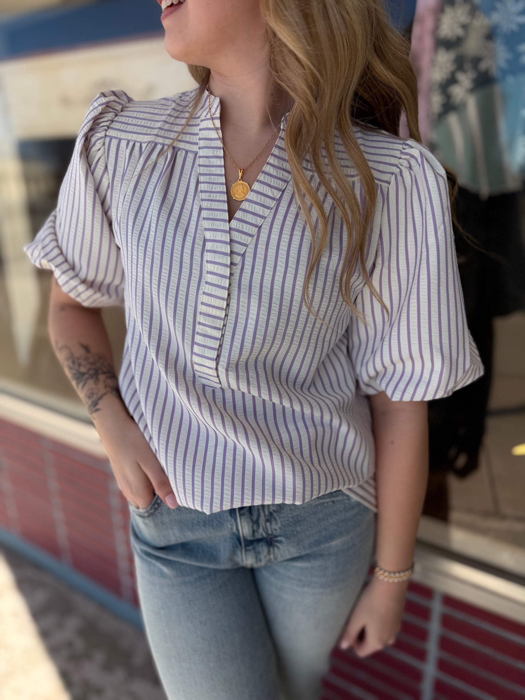 Lilac Striped Bubble Sleeve Woven Top