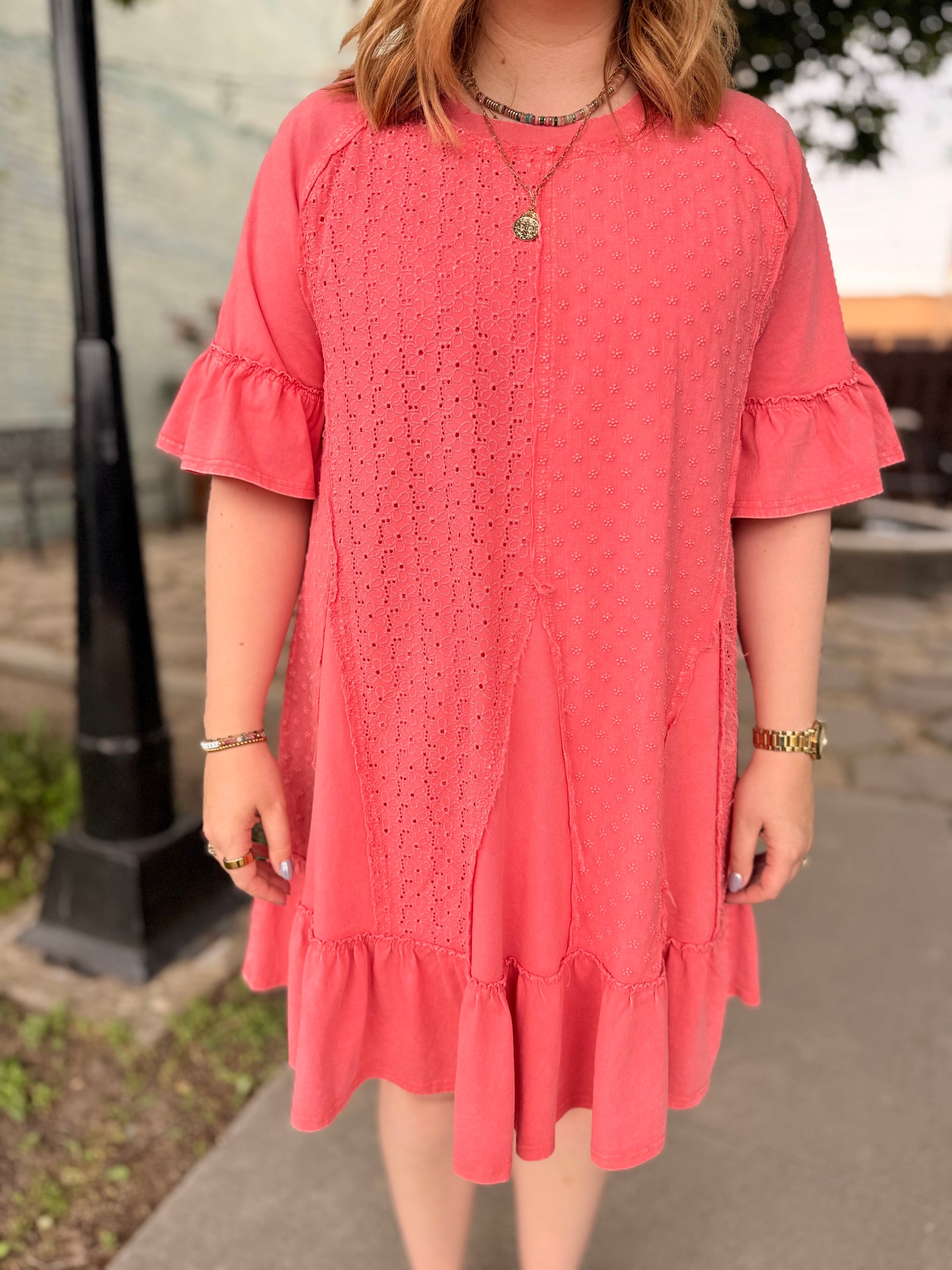 Easel Coral Mineral Wash Mini Dress w/ Eyelet Lace Detail