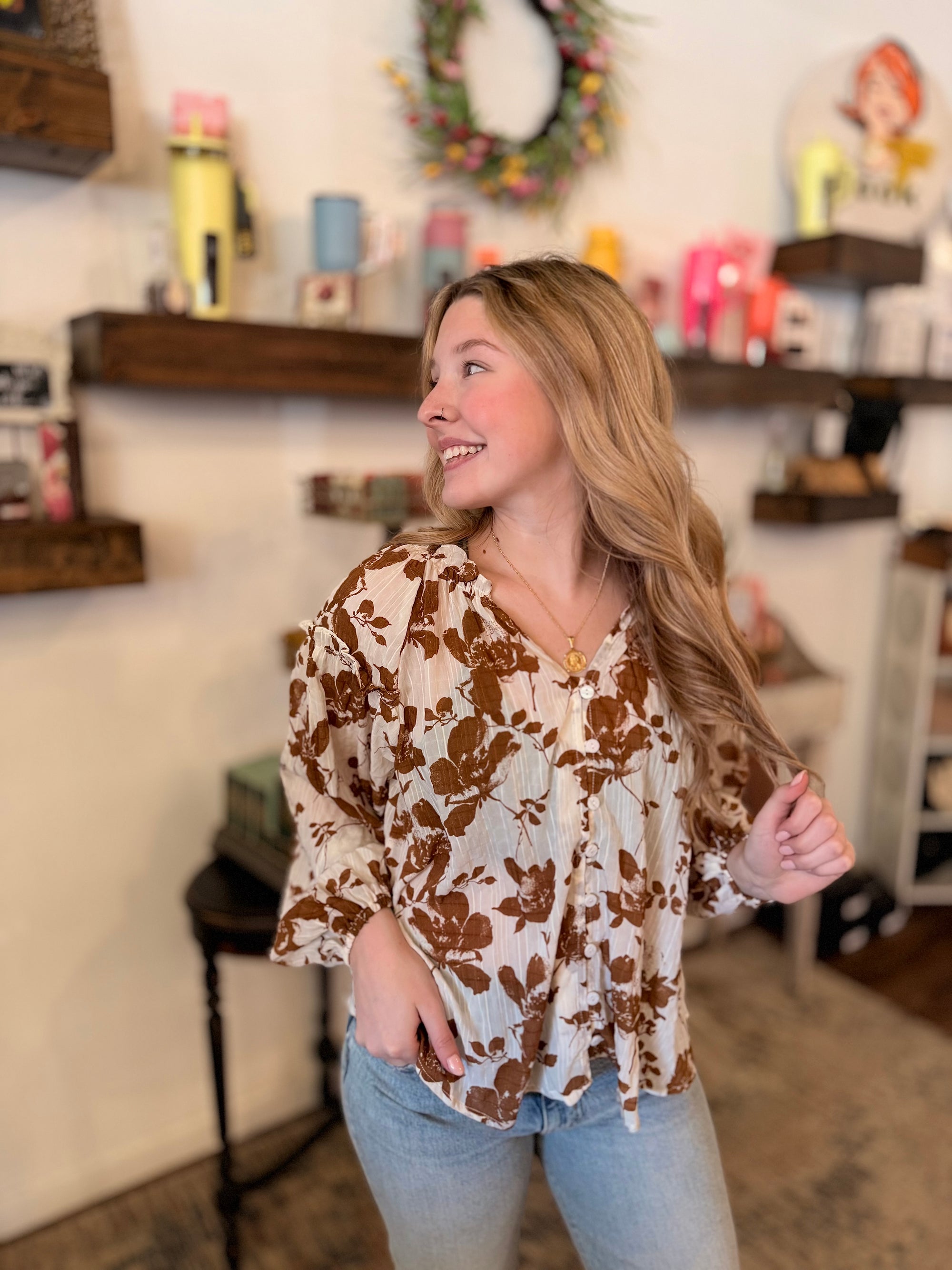 Brown Floral Lightweight Crinkle Blouse