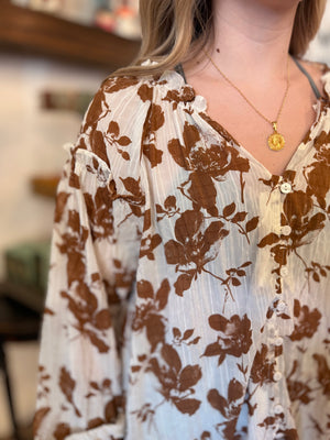 Brown Floral Lightweight Crinkle Blouse