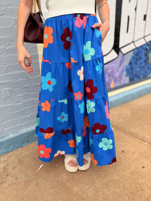 Easel Blue Floral Tiered Maxi Skirt