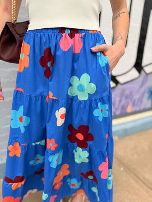 Easel Blue Floral Tiered Maxi Skirt